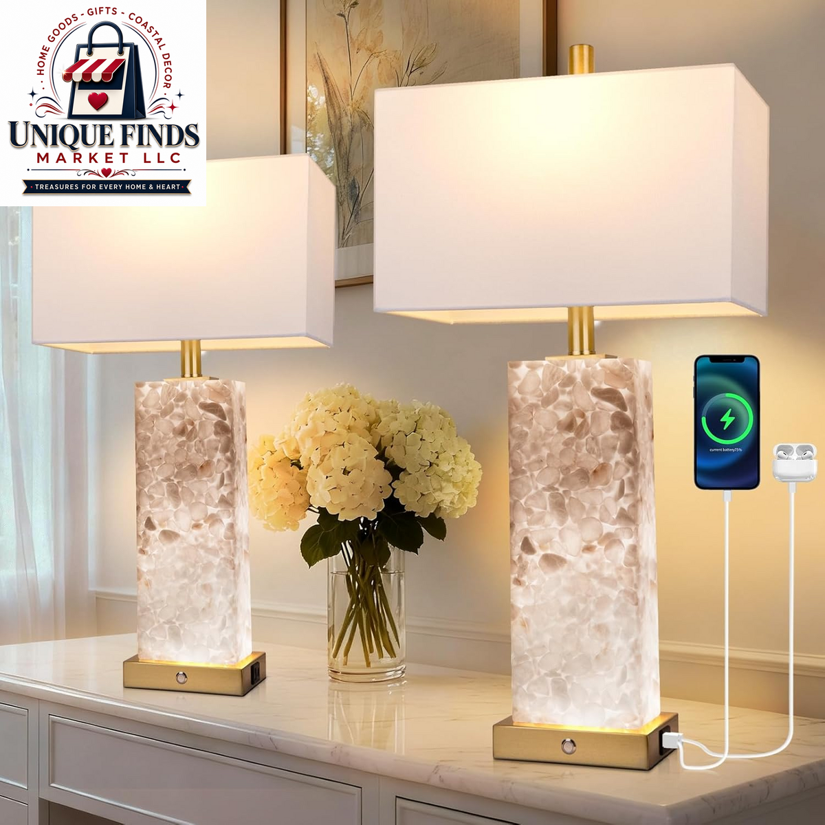 Set of 2 Alabaster Table Lamps with Nightlight - 25.7" Natural Marble Design