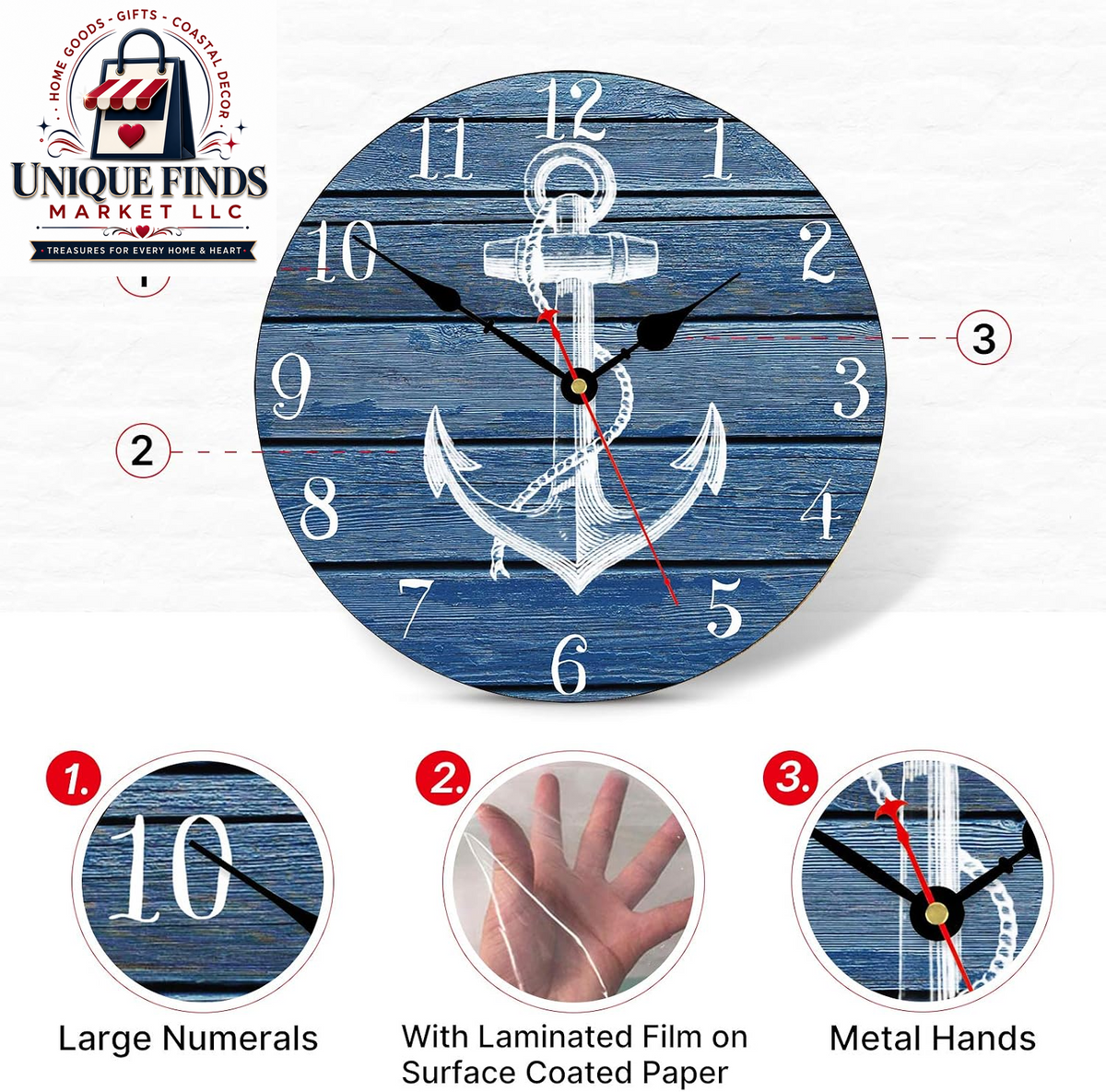 TAHEAT 14-Inch Nautical-Inspired White Anchor Pattern Wall Clock, Silent Non-Ticking Mechanism, Retro Wooden Design with Arabic Numerals, Easy-to-Read for Kitchen, Living Room, and Bedroom
