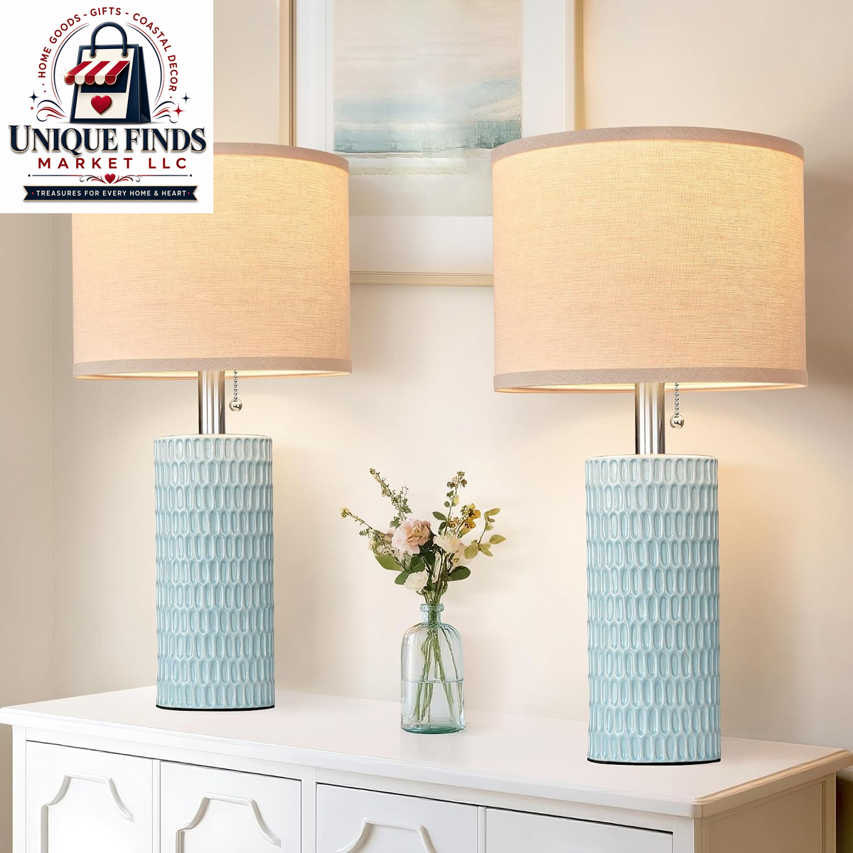 Reaketon 20” Modern Table Lamps Set of 2, Lamps for Bedroom, Blue