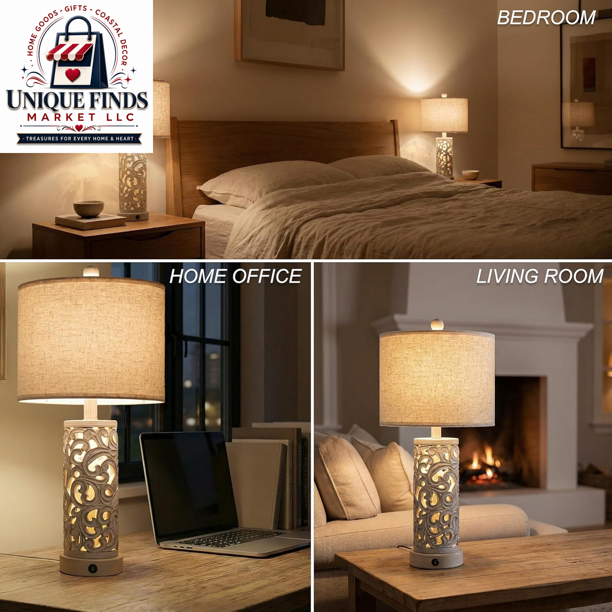 Set of 2 OYEARS 22-Inch Distressed Grey Bedside Table Lamps with Night Light