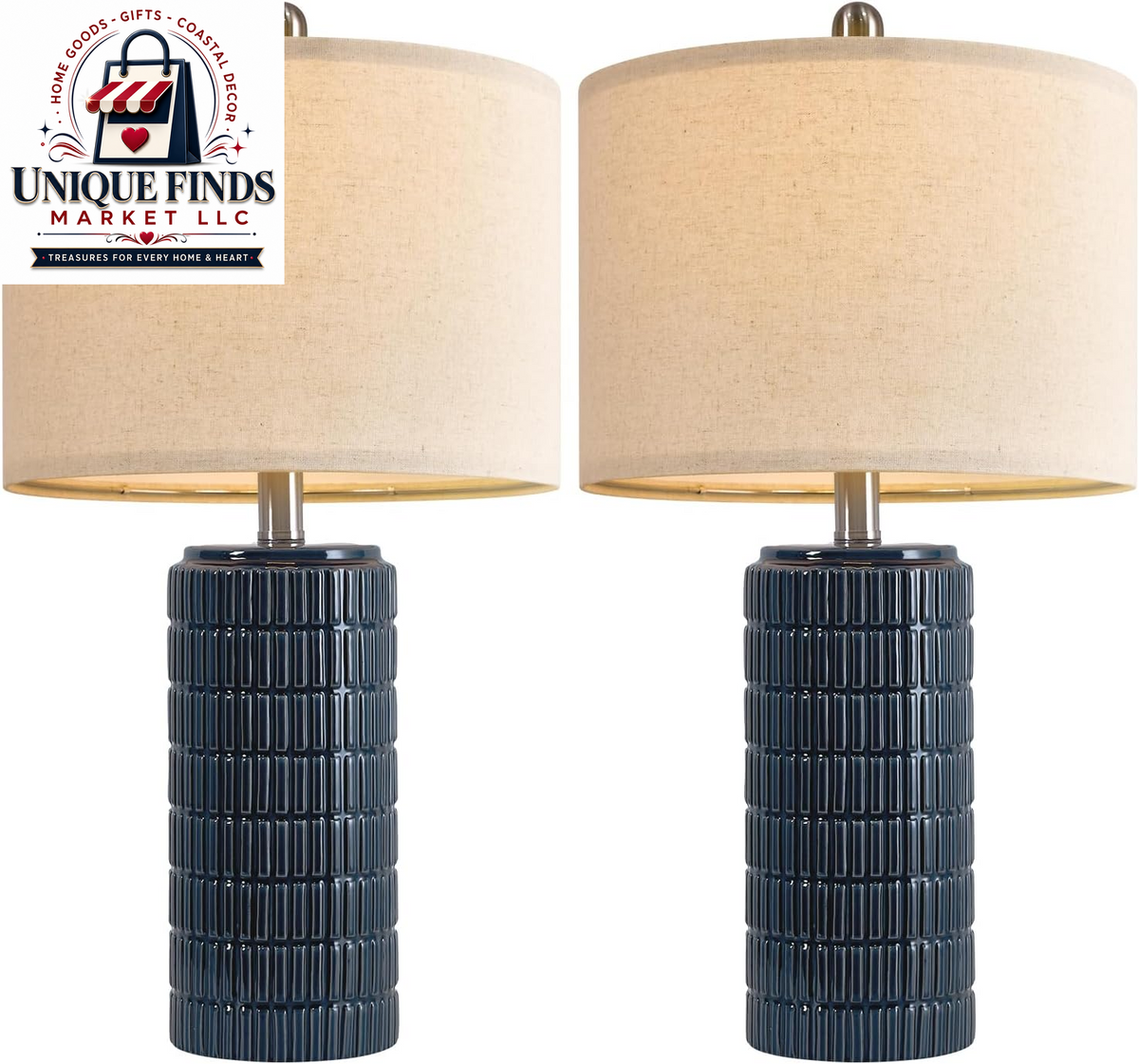 Pokat 23" Blue Ceramic Table Lamps - Set of 2, Traditional Farmhouse Bedside and Living Room Nightstand Lamps