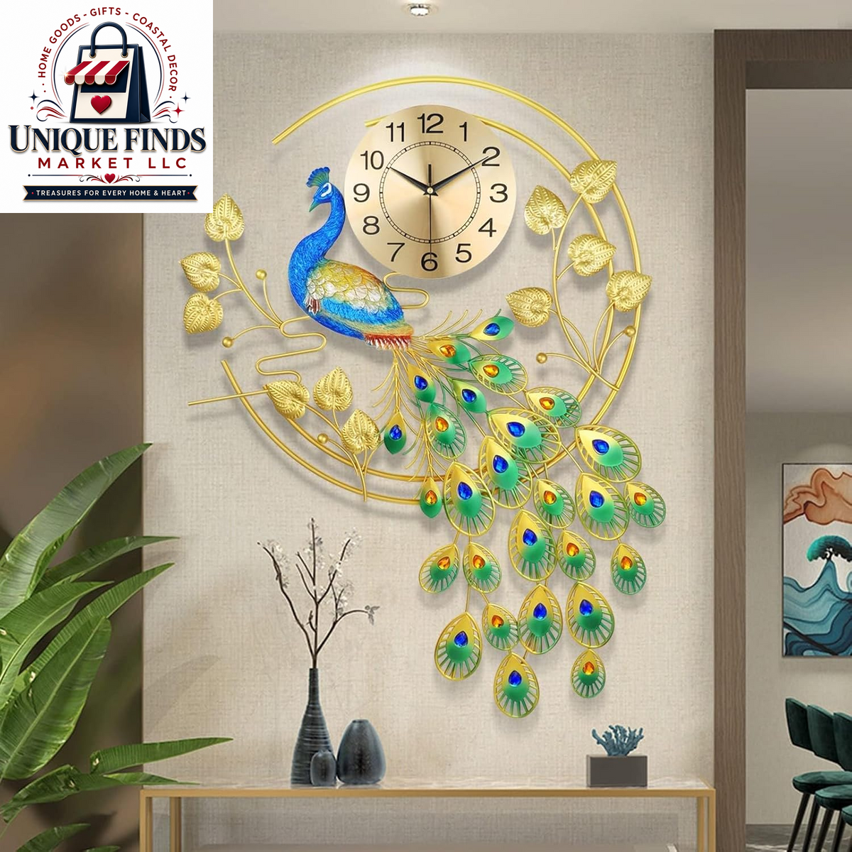 Large 28-Inch Silent Non-Ticking Peacock Wall Clock - 3D Luxury Decorative Timepiece for Living Room, Bedroom, and Dining Room Decor