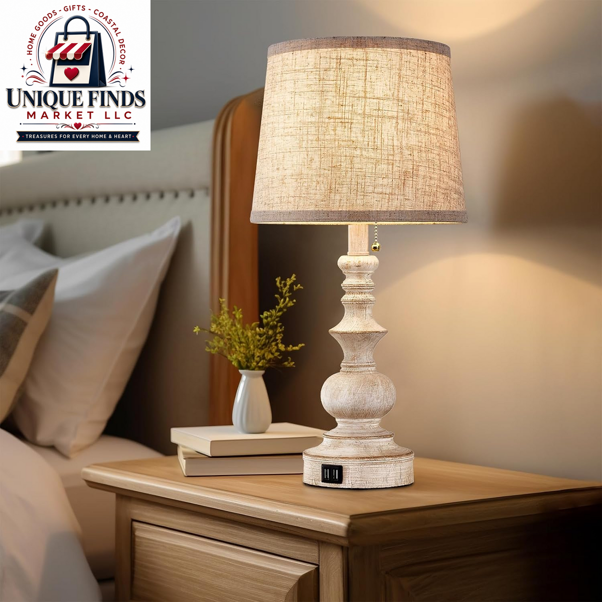 Drawealth Set of 2 Farmhouse Table Lamps for Bedrooms with USB Charging Ports, Traditional Wooden Finish, Pull Chain, Bulbs Not Included