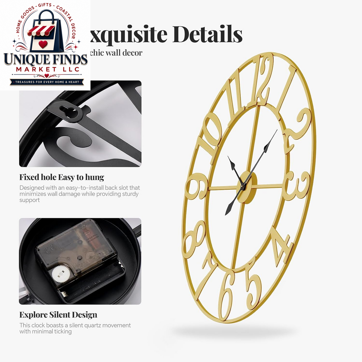 Cuspin 24-Inch Gold Metal Wall Clock for Elegant Living Room Decor