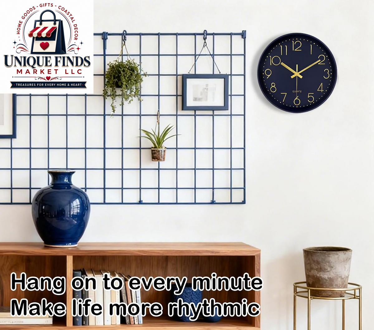 Contemporary 12-Inch Silent Wall Clock with Large Numerals, Battery Operated Non-Ticking Quartz Timepiece Featuring Tempered Glass for Living Room, Bedroom, Office, and Kitchen in Navy Blue