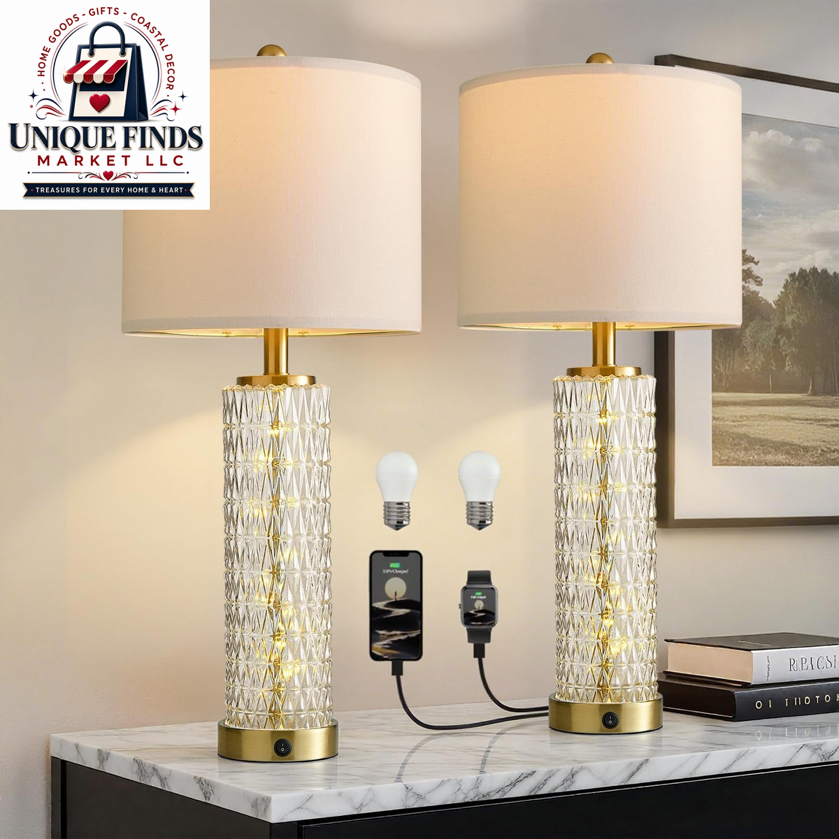 Oneach 28.5" Black Table Lamps - Set of 2 Tall Luxury Bedside Lamps with Night Light and USB A+C Charging Ports, Elegant Metal Design for Bedroom and Office End Table Decor