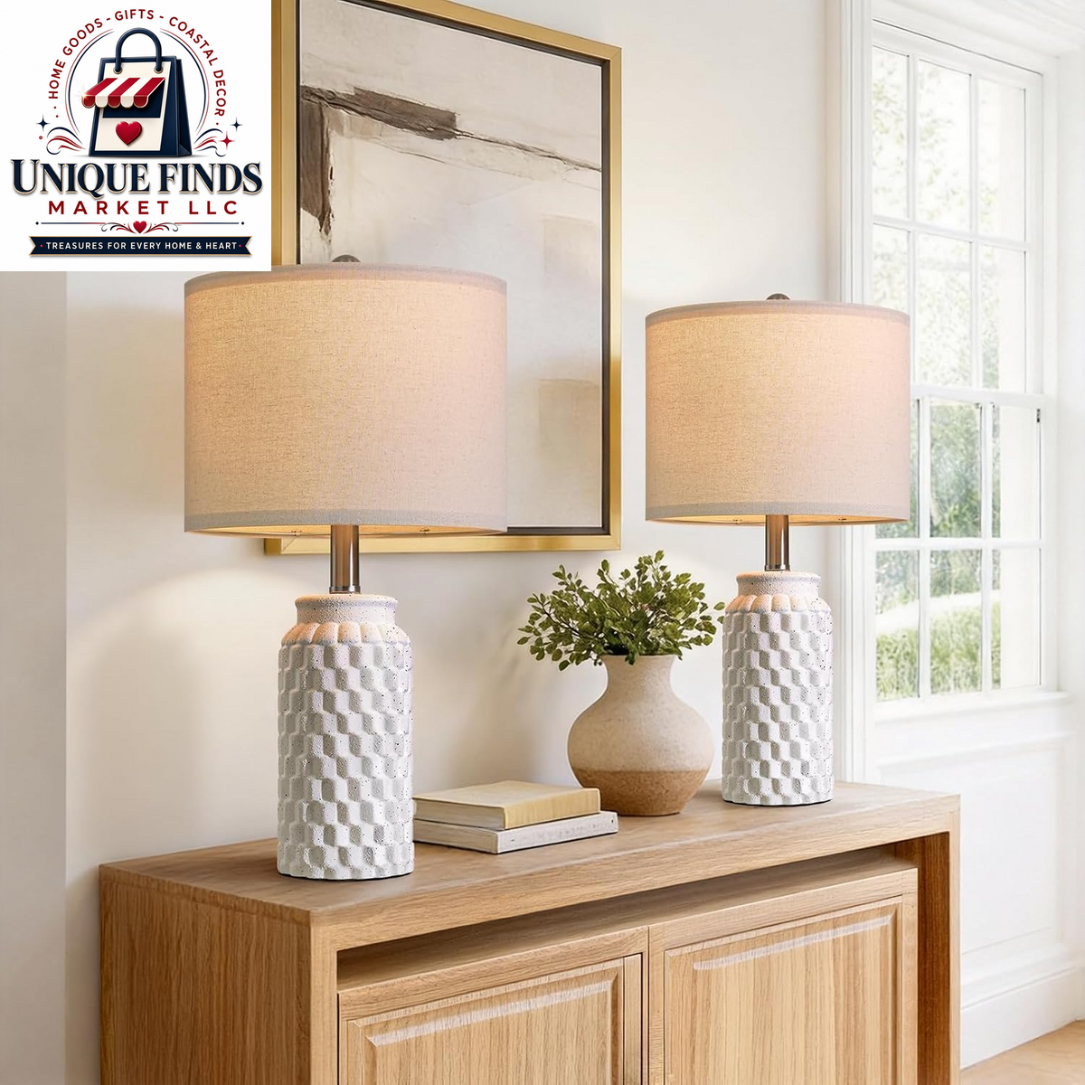 Usumkky 20.5-Inch Ceramic Table Lamp Set of 2 - Modern Farmhouse and Boho Design, Ideal for Bedroom Nightstands and Living Room End Tables, Compact Desk Lamps in Cream