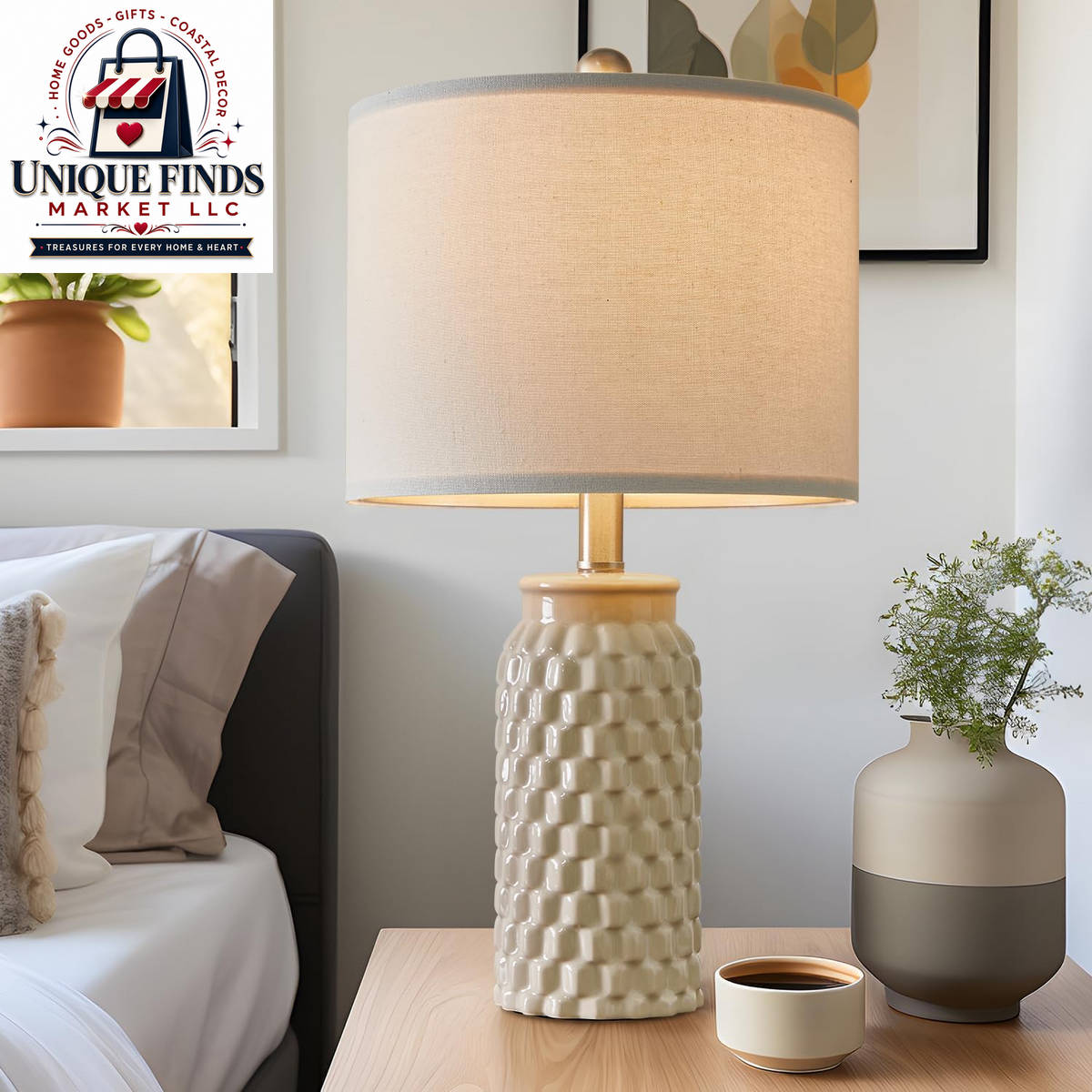 Usumkky 20.5-Inch Ceramic Table Lamp Set of 2 - Modern Farmhouse and Boho Design, Ideal for Bedroom Nightstands and Living Room End Tables, Compact Desk Lamps in Cream