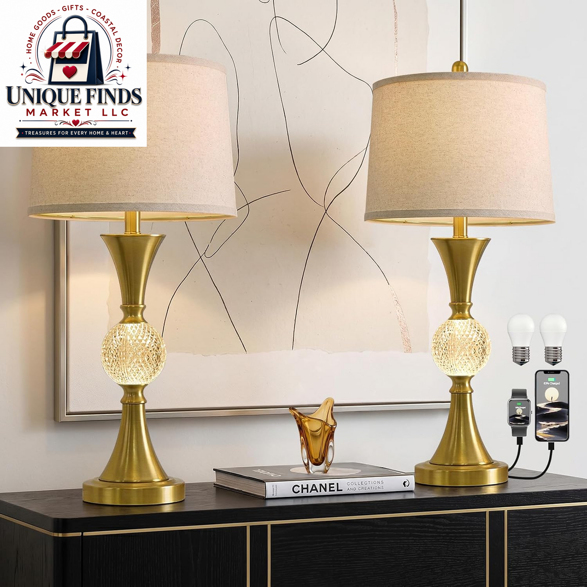 Oneach 28.5" Black Table Lamps - Set of 2 Tall Luxury Bedside Lamps with Night Light and USB A+C Charging Ports, Elegant Metal Design for Bedroom and Office End Table Decor
