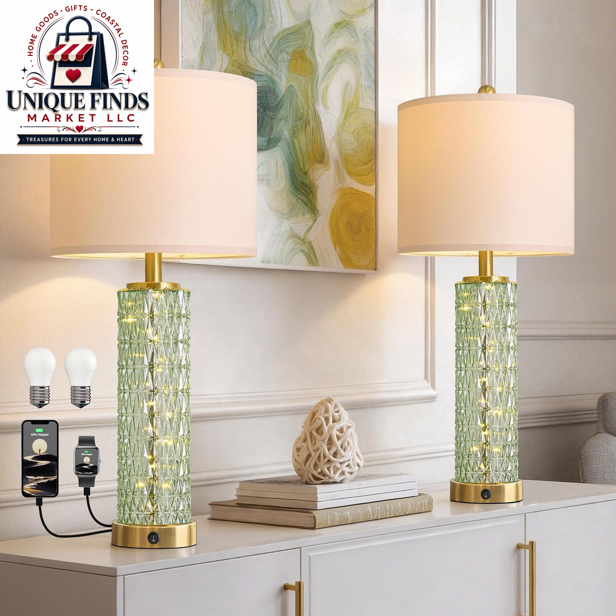 Oneach 28.5" Black Table Lamps - Set of 2 Tall Luxury Bedside Lamps with Night Light and USB A+C Charging Ports, Elegant Metal Design for Bedroom and Office End Table Decor