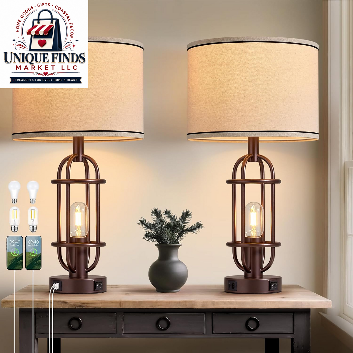 Reaketon Set of 2 Black 22.3” Farmhouse Table Lamps for Living Room