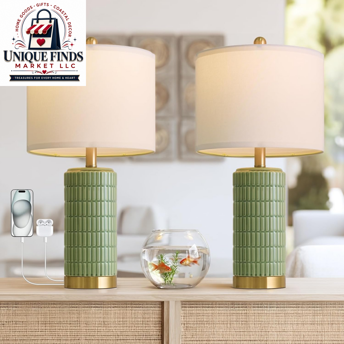 Pokat Set of 2 Modern 24" Ceramic Table Lamps in Green for Bedroom and Living Room Decor