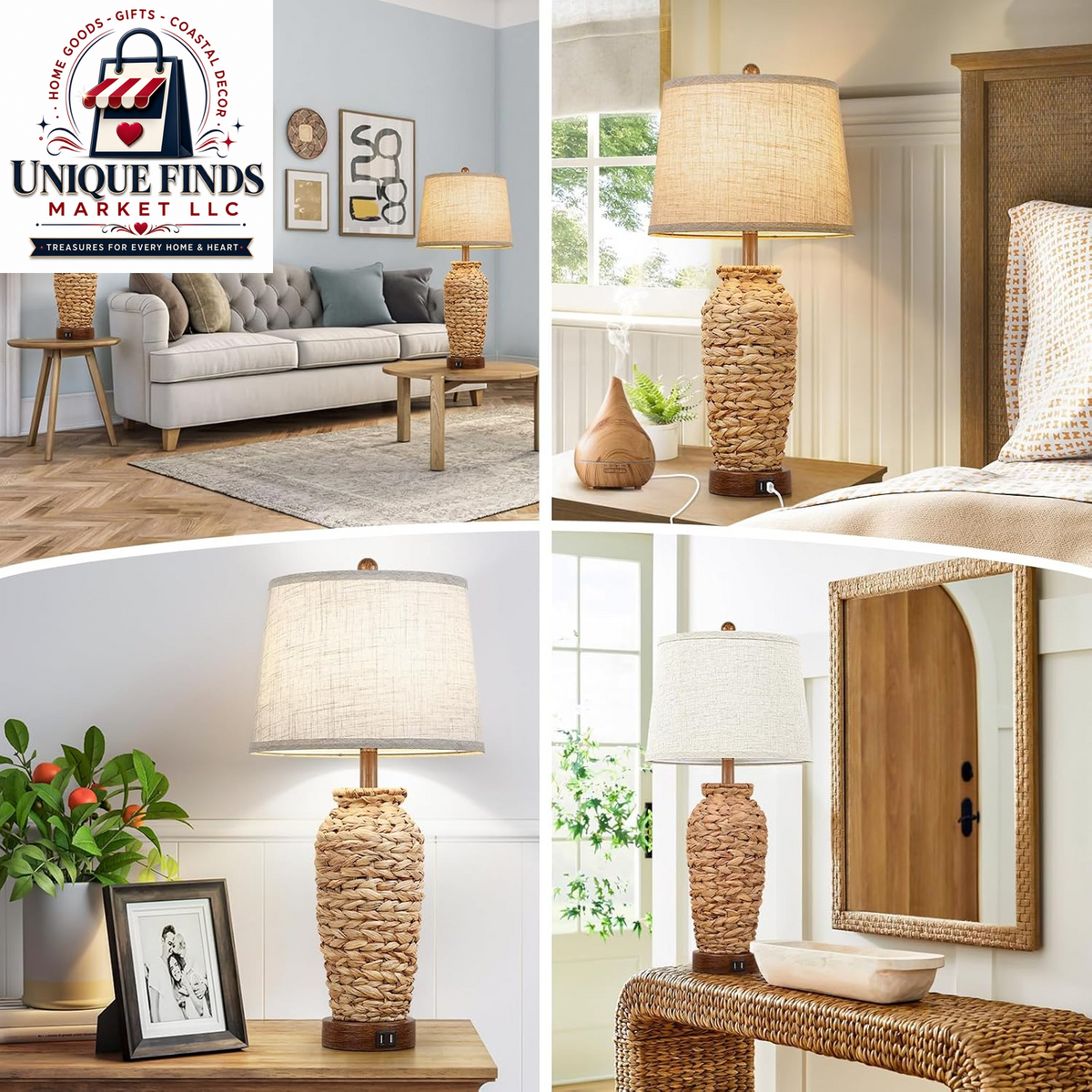 Set of 2 27-Inch Tall Rattan Table Lamps with USB Charging Ports, Boho Farmhouse Woven Seagrass Bedside Lighting for Living Room and Bedroom, E26 Socket, Cream Shade