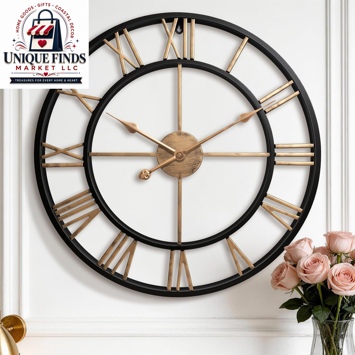 Pytha Sight 30-Inch Black Large Roman Numeral Wall Clock for Living Room Décor