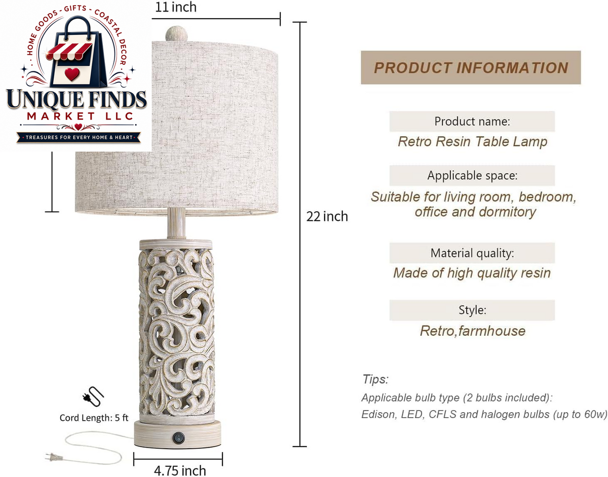 Set of 2 OYEARS 22-Inch Distressed Grey Bedside Table Lamps with Night Light