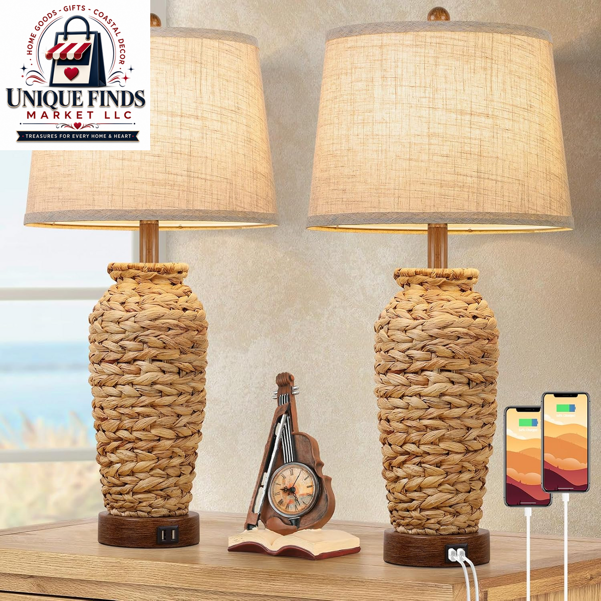 Set of 2 27-Inch Tall Rattan Table Lamps with USB Charging Ports, Boho Farmhouse Woven Seagrass Bedside Lighting for Living Room and Bedroom, E26 Socket, Cream Shade