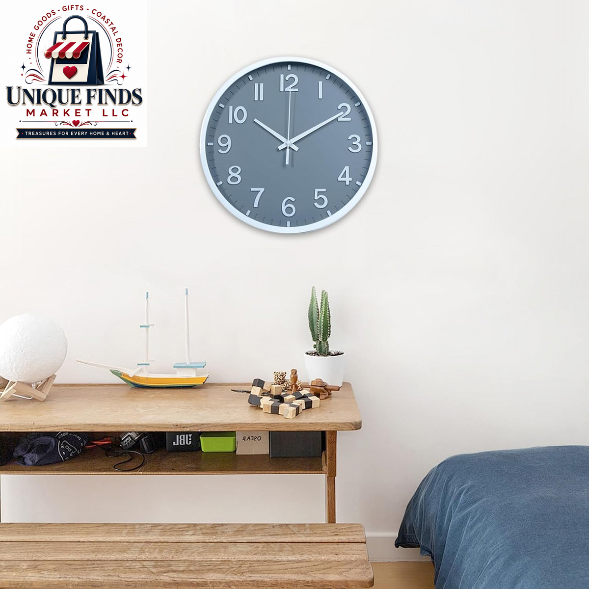 Battery Operated 12-Inch Modern Silent Wall Clock for Home and Office Décor (Gray and White)