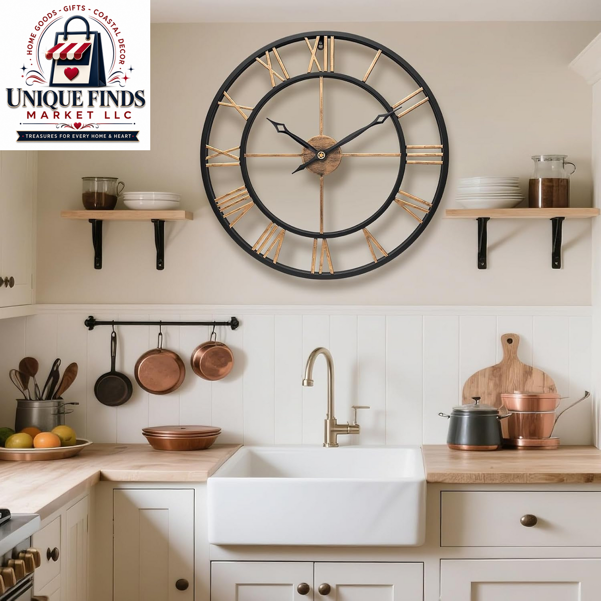 16-Inch Vintage Gold Metal Wall Clock with Roman Numerals