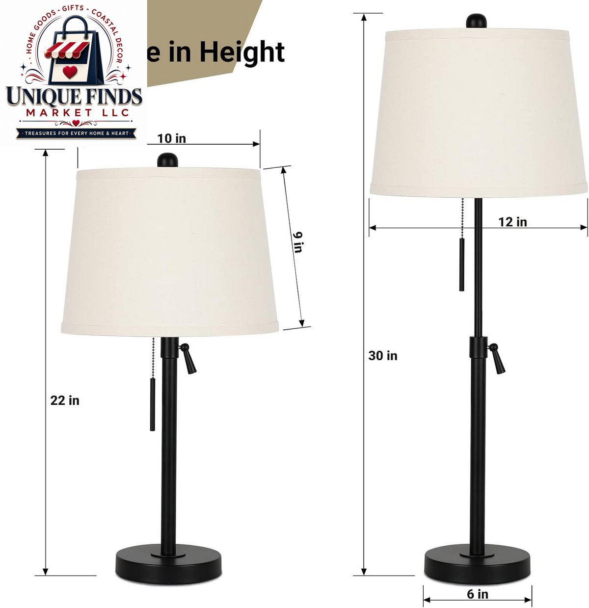 Set of 2 Adjustable Height Black Bedside Table Lamps: Modern 3-Way Dimmable Nightstand Lighting with Pull Chain Switch for Living Room and Office (Bulbs Included)