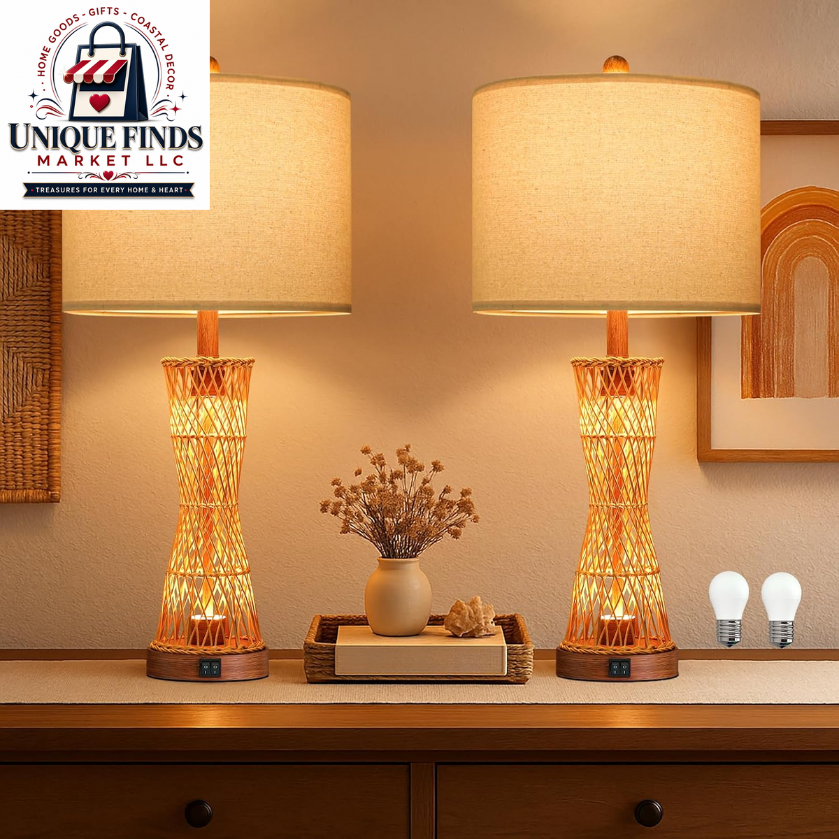 OYEARS 21" Bohemian Table Lamp Set of 2 for Living Room and Bedroom, Rattan Design for Nightstands and End Tables, Rustic Brown Farmhouse Decor