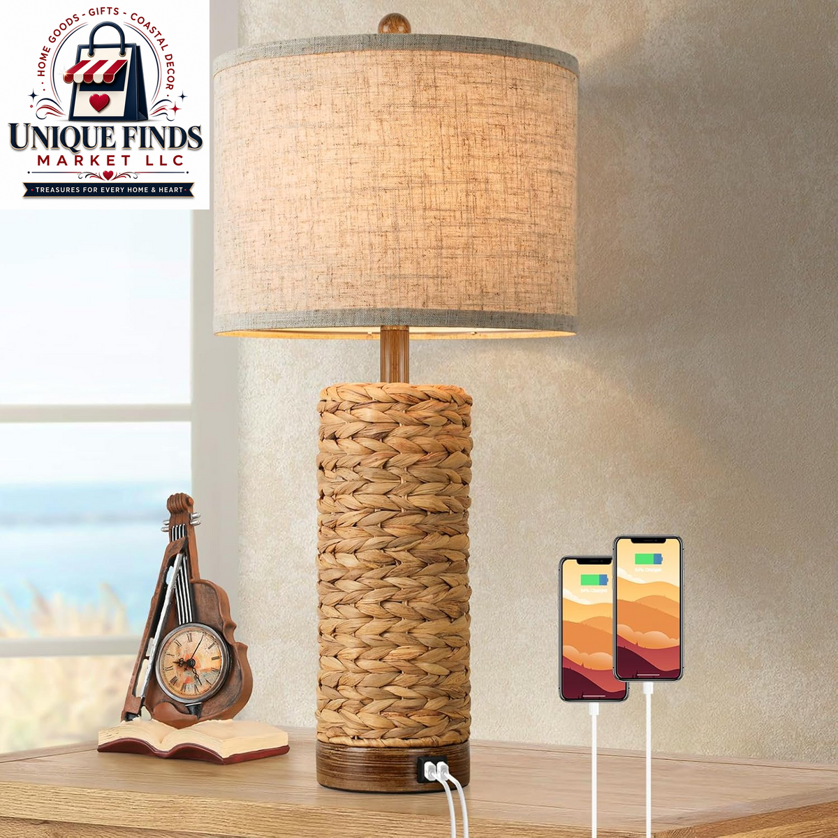 Set of 2 27-Inch Tall Rattan Table Lamps with USB Charging Ports, Boho Farmhouse Woven Seagrass Bedside Lighting for Living Room and Bedroom, E26 Socket, Cream Shade