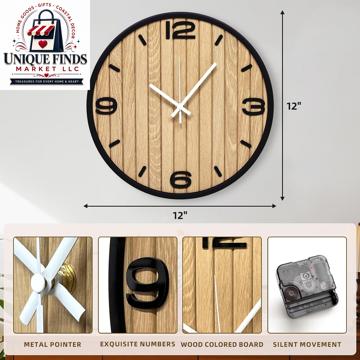 12-Inch Battery-Operated Wooden Wall Clock - Non-Ticking Quartz Analog Clock for Home and Classroom Decor - Easy to Install and Read