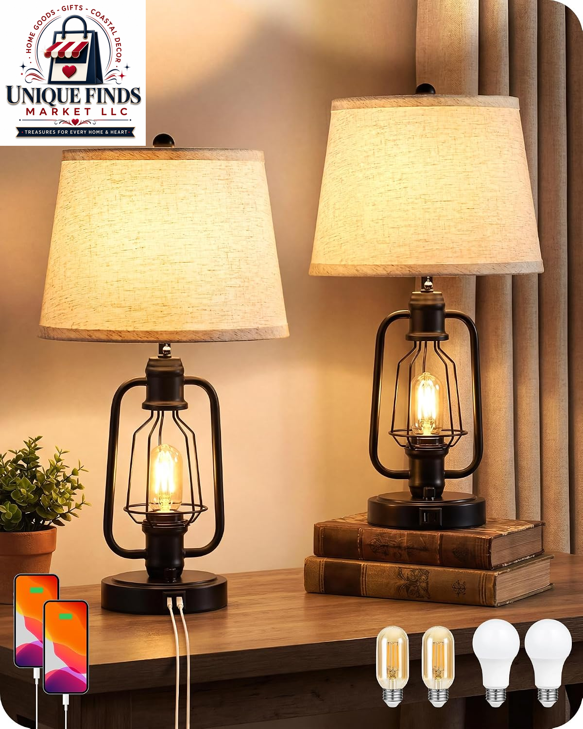 Set of 2 Farmhouse Industrial Bedside Table Lamps with USB Ports, Rustic Vintage Nightstand Desk Lamps for Living Room and Bedroom, Includes 4 Bulbs, Beige and Black E14TLP205