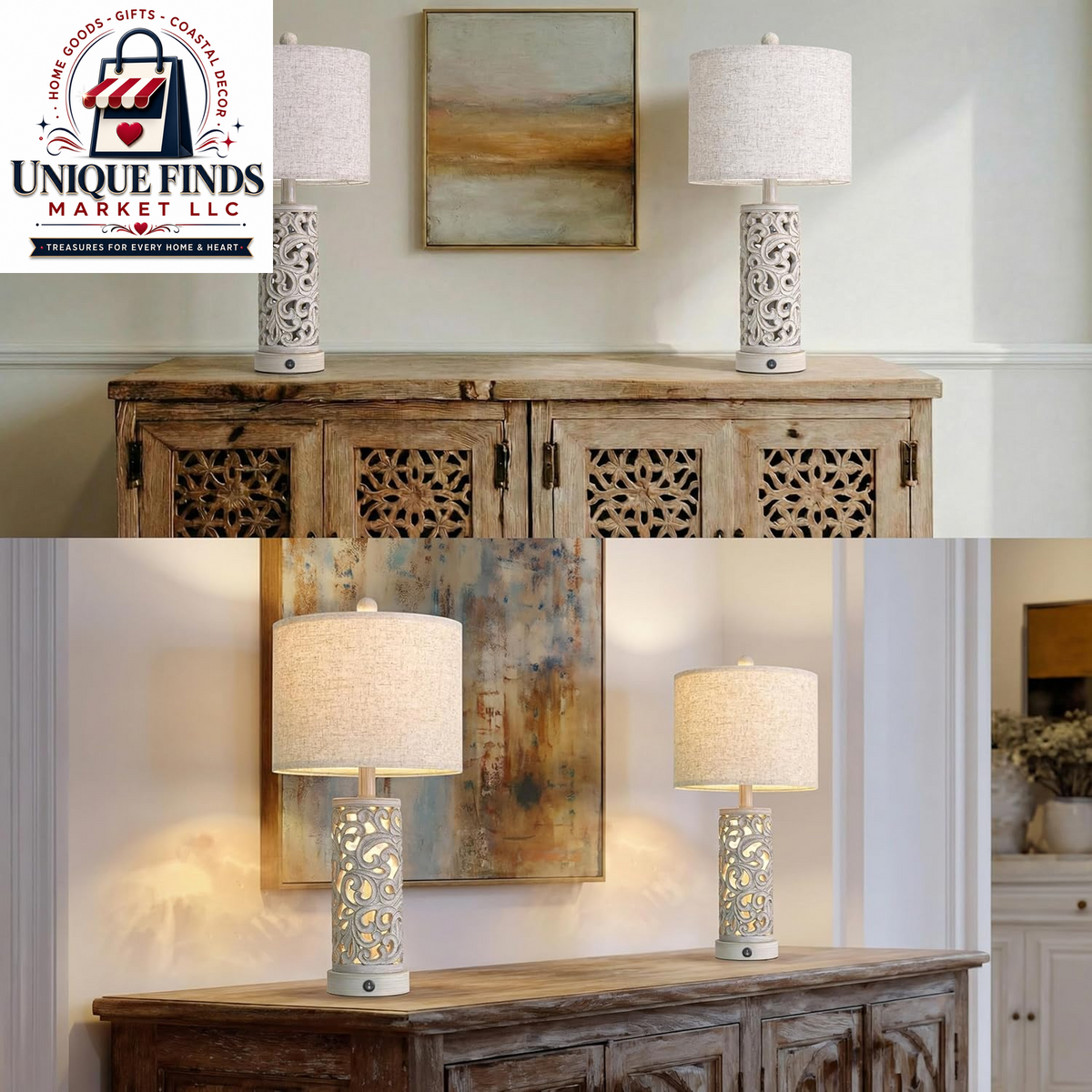 Set of 2 OYEARS 22-Inch Distressed Grey Bedside Table Lamps with Night Light