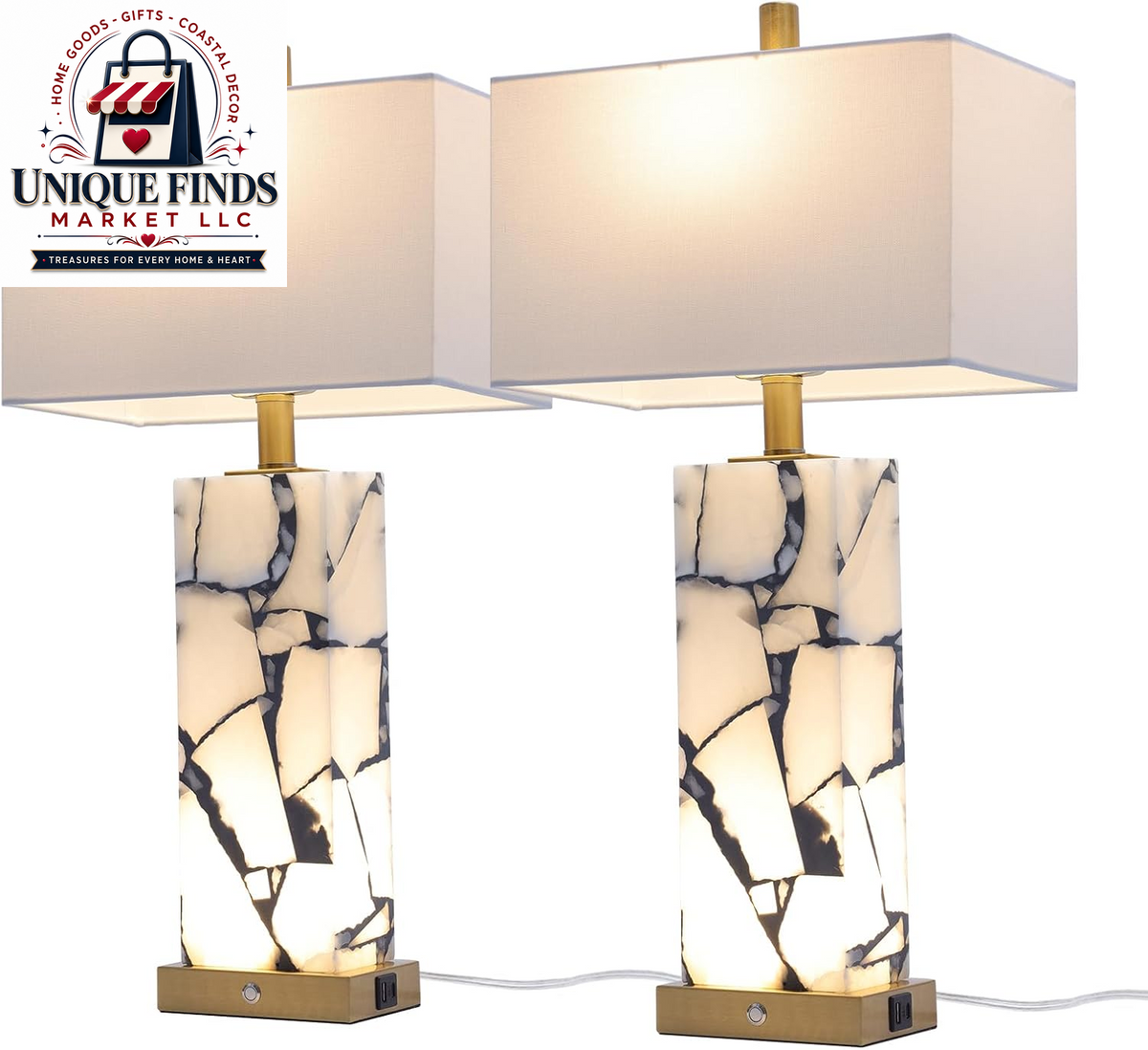 Set of 2 Alabaster Table Lamps with Nightlight - 25.7" Natural Marble Design