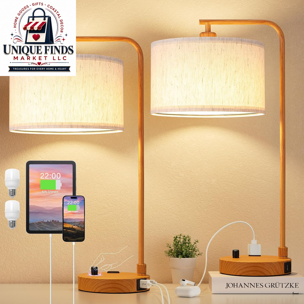 Set of 2 Fully Dimmable Wood Paint Bedside Lamps for Nightstands