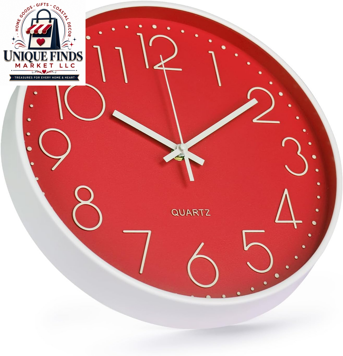 12-Inch Non-Ticking Silent Quartz Wall Clock with Red Stereoscopic Dial - Modern Round Design for Home, Office, School, Living Room, Bedroom, and Kitchen Decor