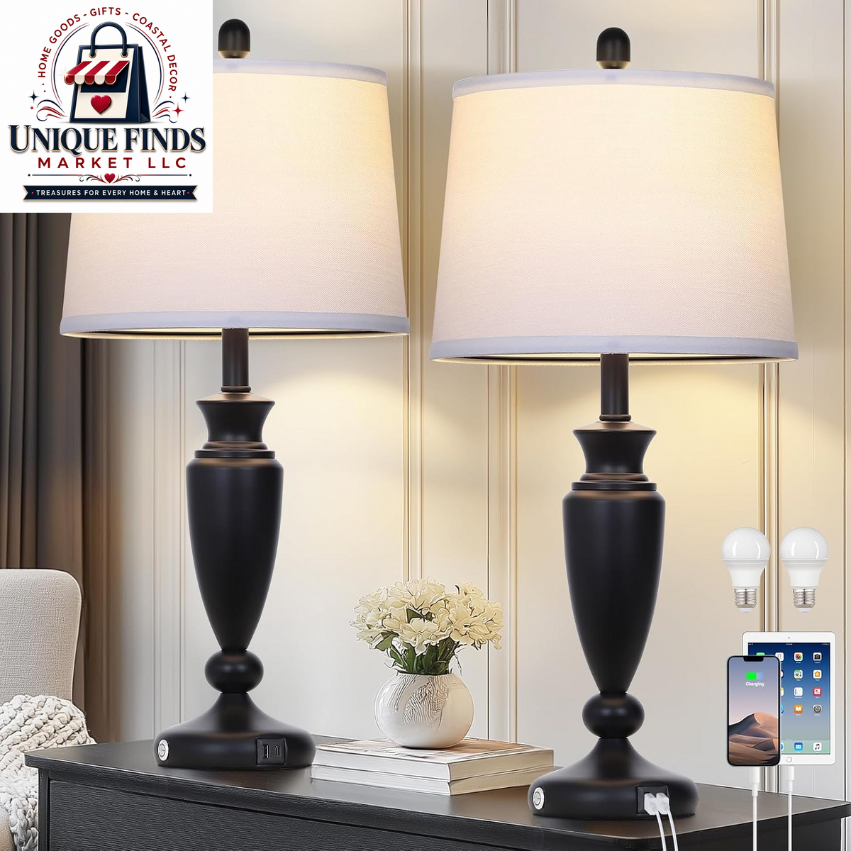 Rinweey 27-Inch Black Table Lamps Set of 2 with 3-Way Touch Control and USB A+C Ports, Modern Metal Nightstand Lamps for Living Room, Bedroom, and Office Decor