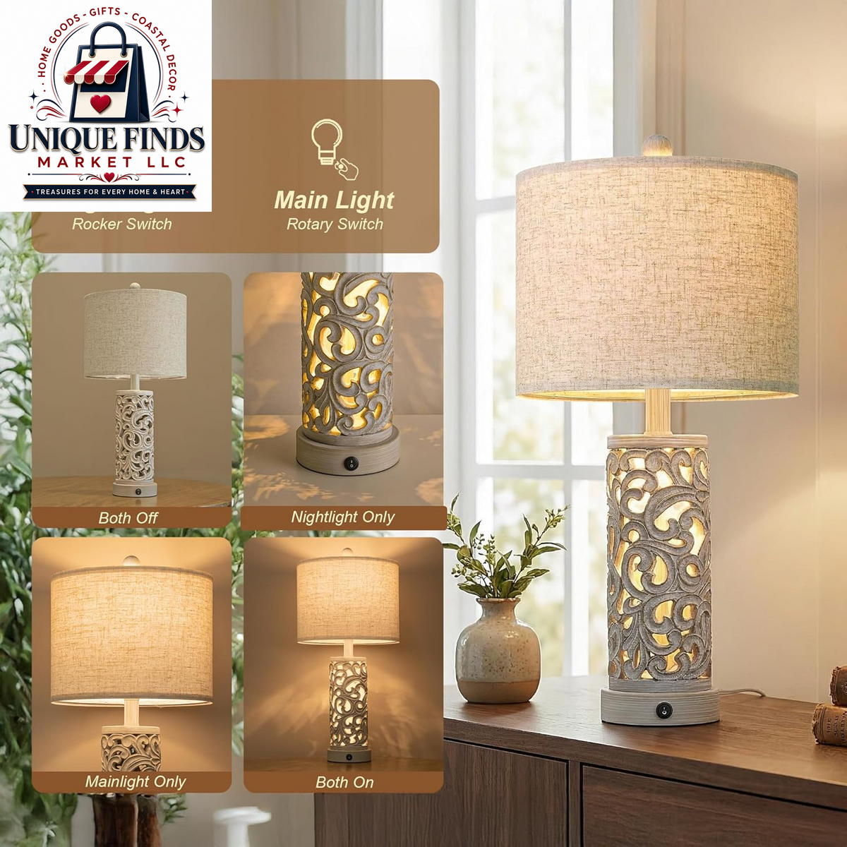 Set of 2 OYEARS 22-Inch Distressed Grey Bedside Table Lamps with Night Light