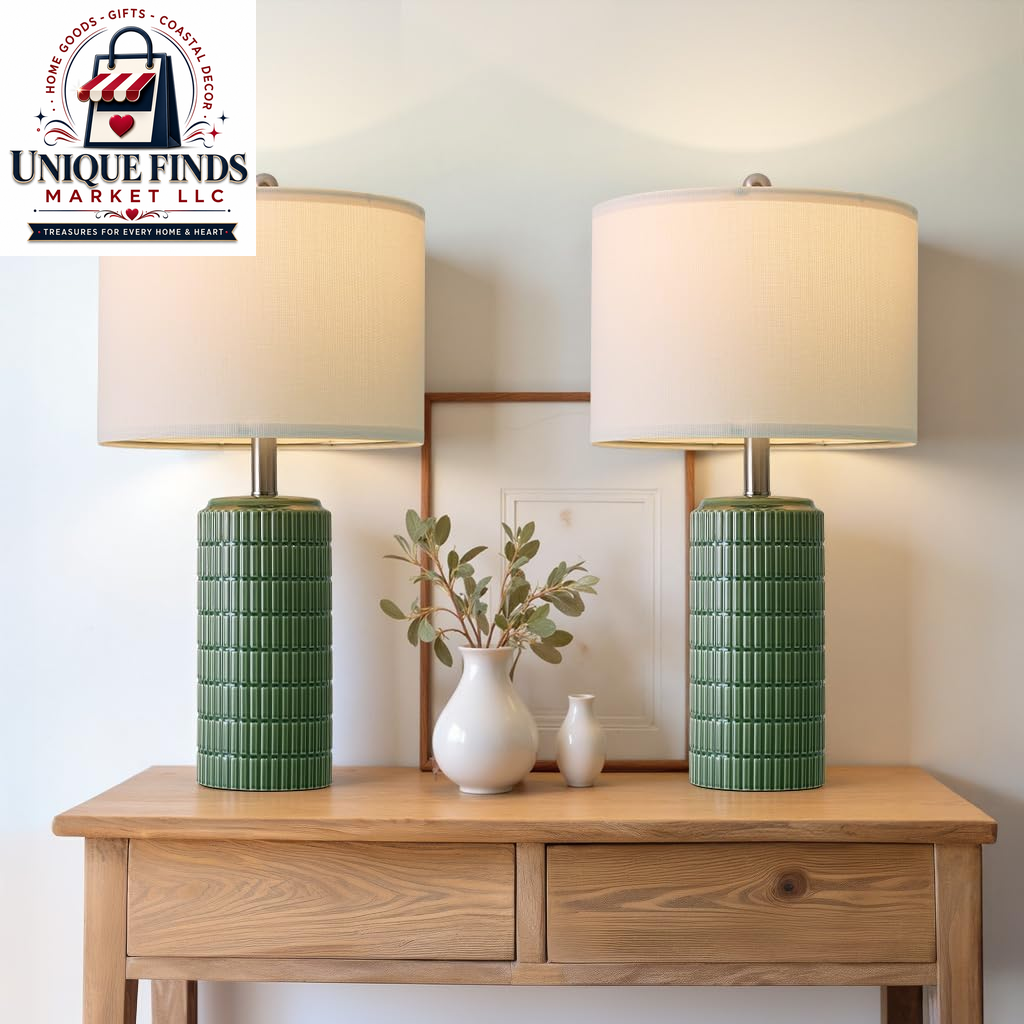 Pokat Set of 2 Modern 24" Ceramic Table Lamps in Green for Bedroom and Living Room Decor