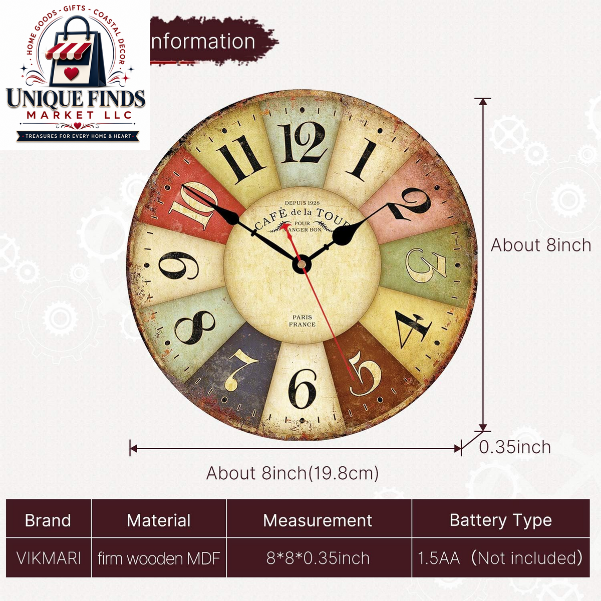 VIKMARI 8 Inch Silent Non-Ticking Wall Clock Arabic Numerals Retro Clocks Wooden