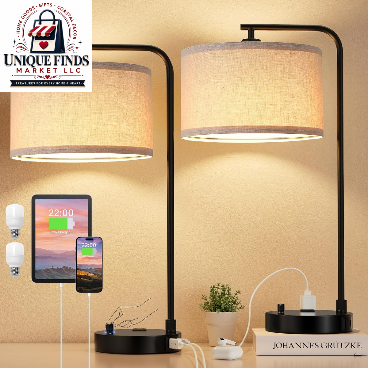 Set of 2 Fully Dimmable Wood Paint Bedside Lamps for Nightstands