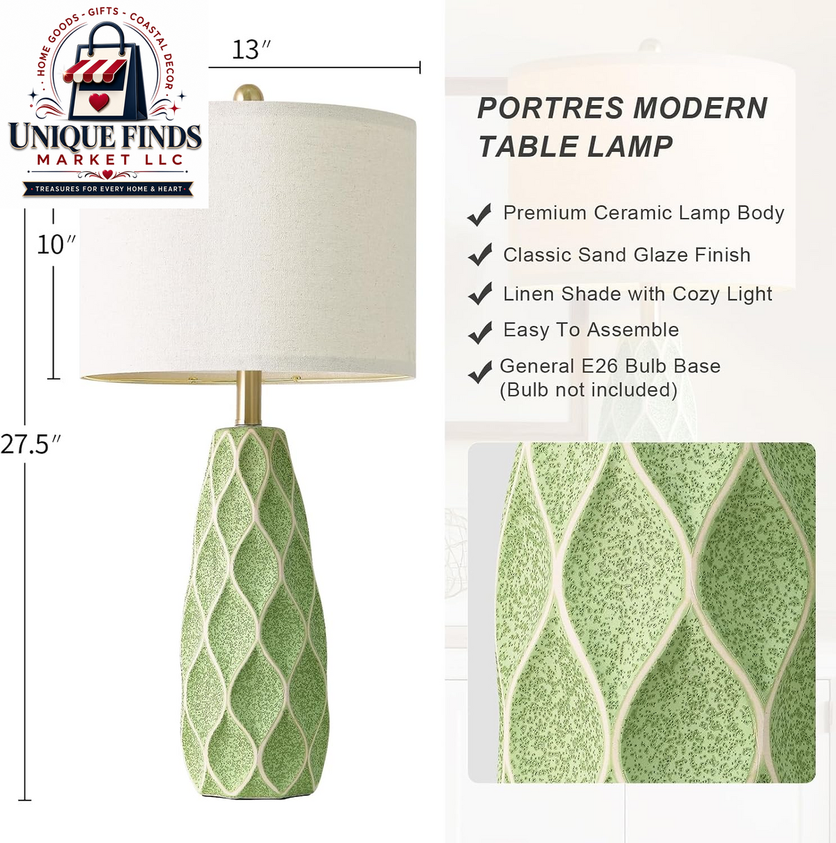Set of 2 27.5" Green Ceramic Table Lamps for Bedroom and Living Room