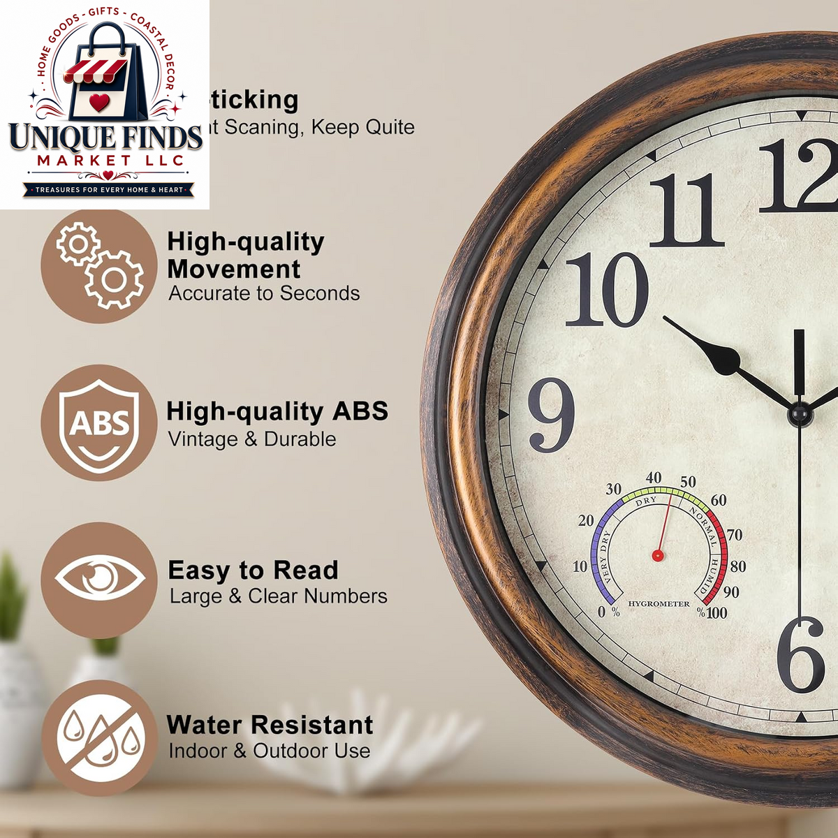 16-Inch Waterproof Outdoor Wall Clock with Temperature Display for Patio and Garden Use