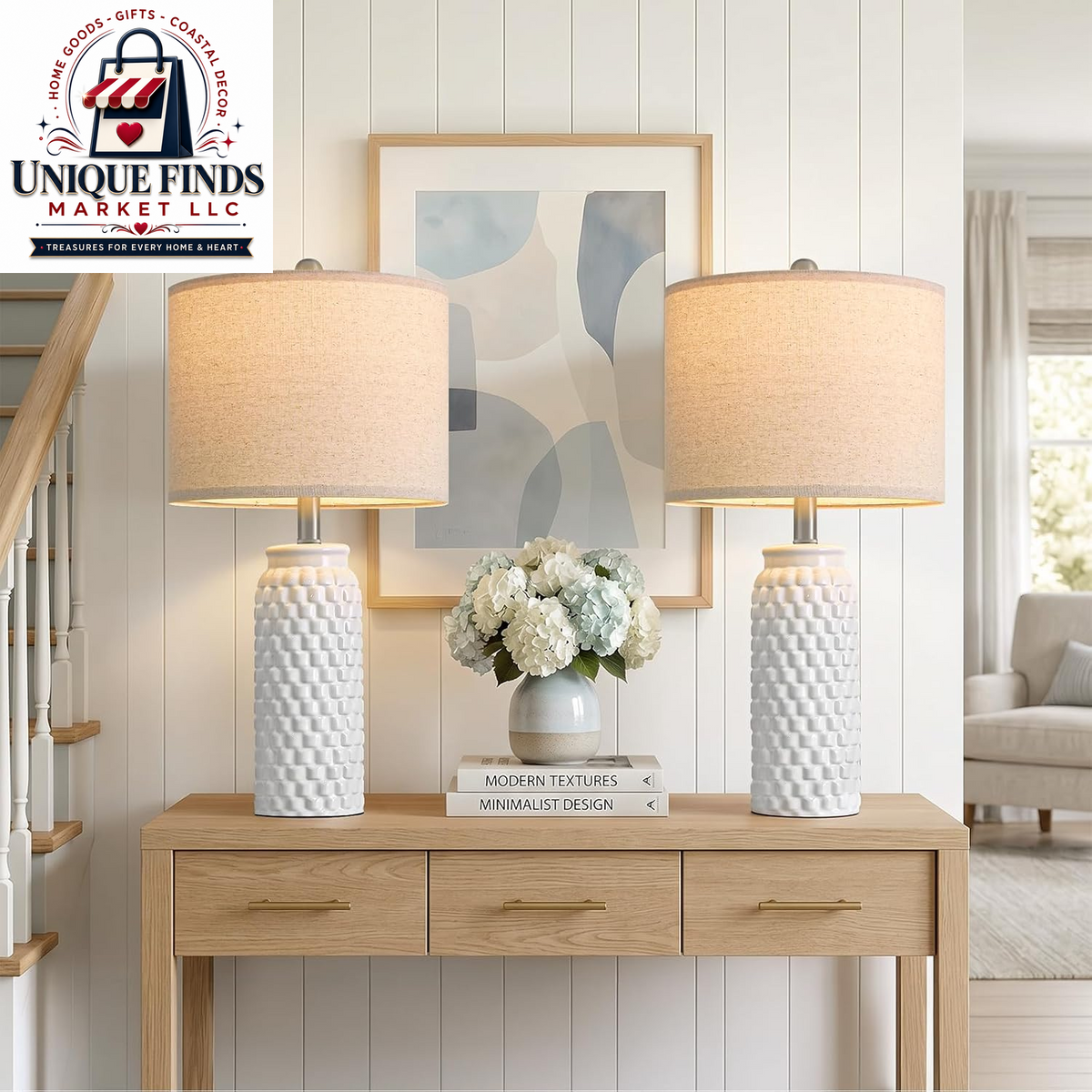 Usumkky 20.5-Inch Ceramic Table Lamp Set of 2 - Modern Farmhouse and Boho Design, Ideal for Bedroom Nightstands and Living Room End Tables, Compact Desk Lamps in Cream