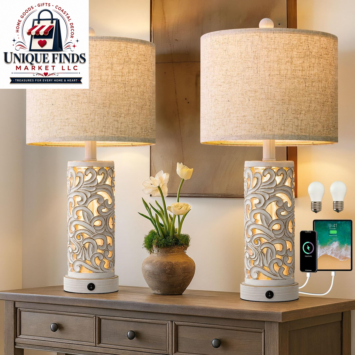Set of 2 OYEARS 22-Inch Distressed Grey Bedside Table Lamps with Night Light