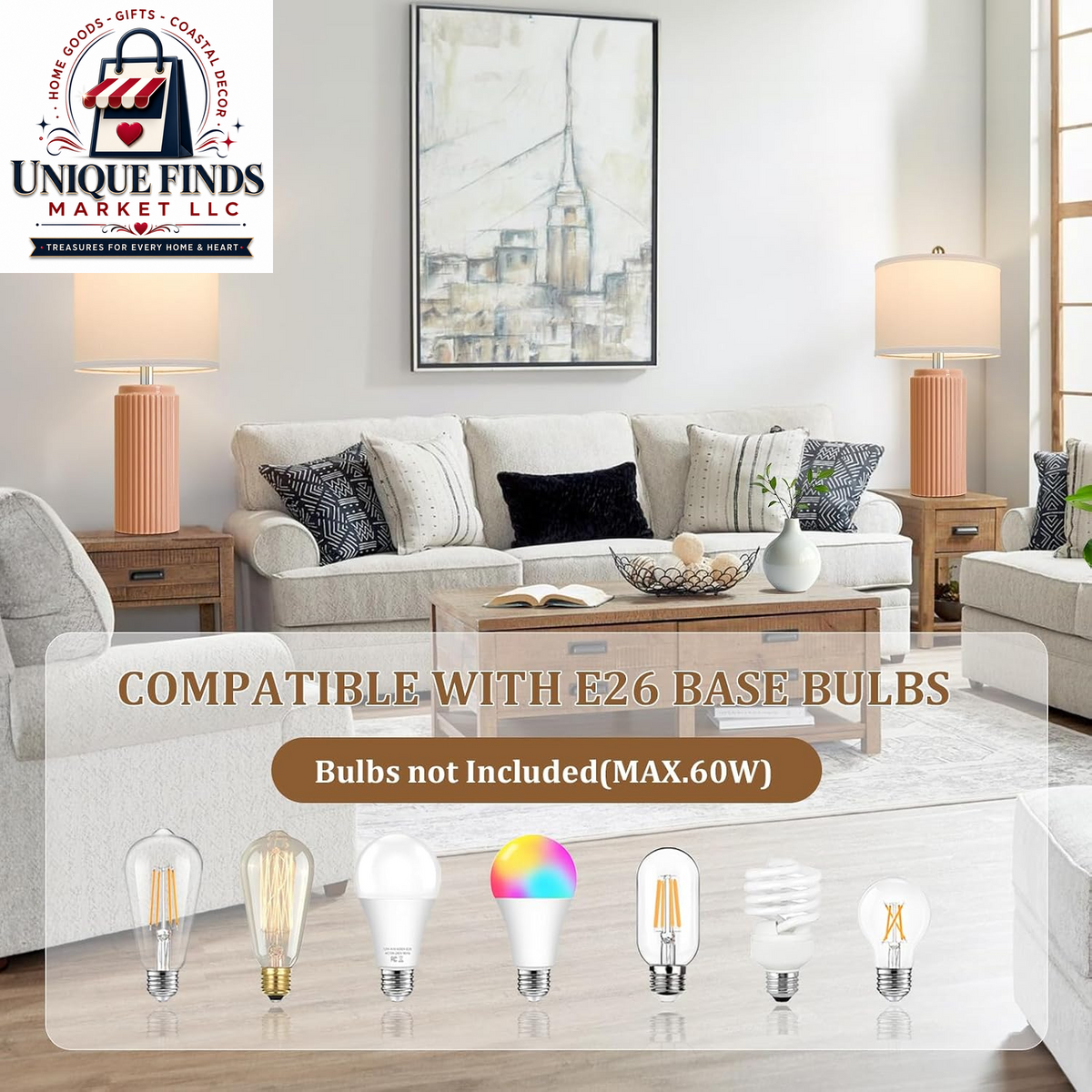 Set of 2 Modern 23.5’’ Orange Ceramic Table Lamps with White Shades for Bedroom and Living Room, Retro Farmhouse Design for Home Office and Dorm End Tables