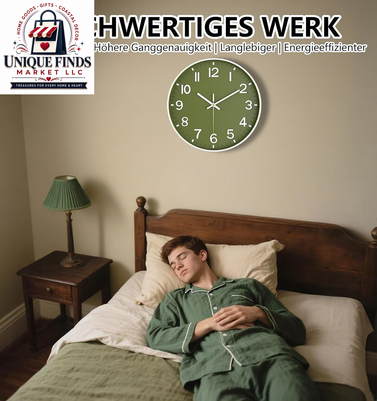 Battery Operated 12-Inch Silent Analog Wall Clock with Large Numbers for Home and Office Decor - Olive Green