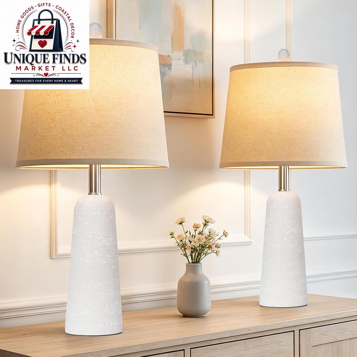 Rinweey Set of 2 Modern Minimalist 24" Travertine-Inspired Concrete Table Lamps, Beige Faux Stone Design for Bedroom Nightstands and Living Room End Tables, Includes 2 LED Bulbs