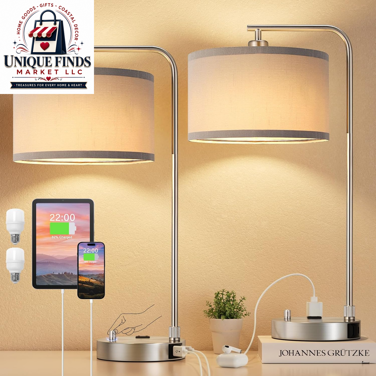 Set of 2 Fully Dimmable Wood Paint Bedside Lamps for Nightstands