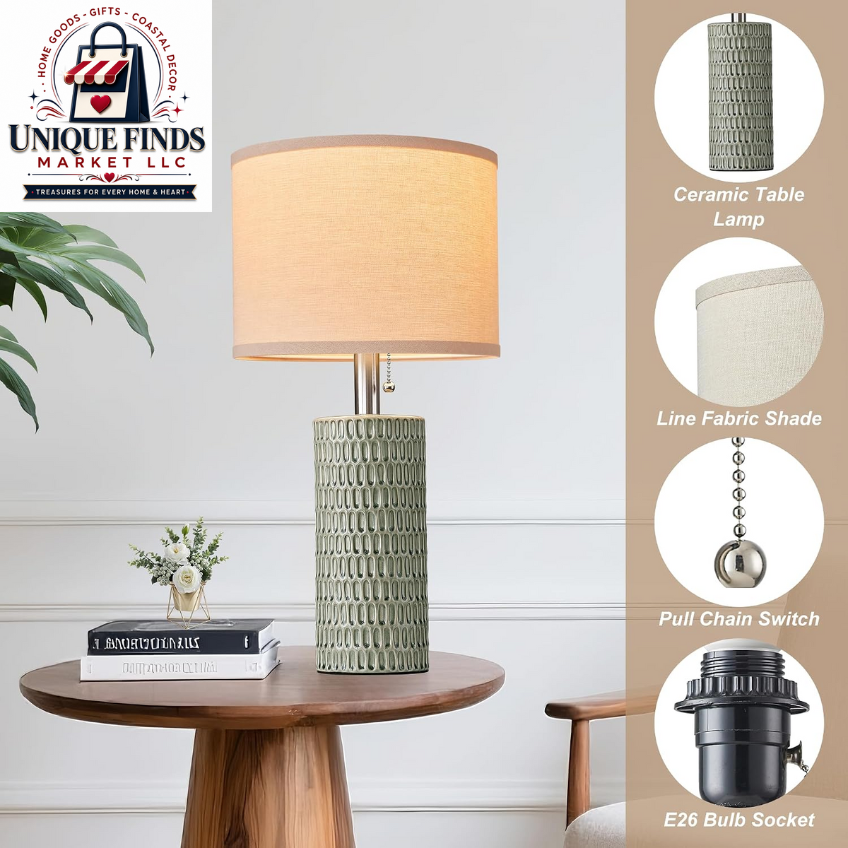 Reaketon Modern 20.5” Ceramic Table Lamps - Set of 2 in Green for Bedroom Decor