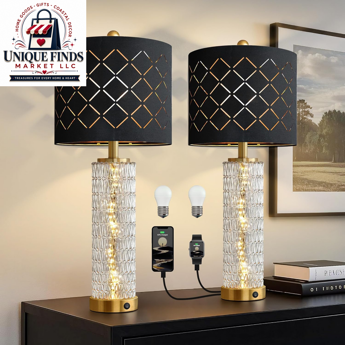 Oneach 28.5" Black Table Lamps - Set of 2 Tall Luxury Bedside Lamps with Night Light and USB A+C Charging Ports, Elegant Metal Design for Bedroom and Office End Table Decor