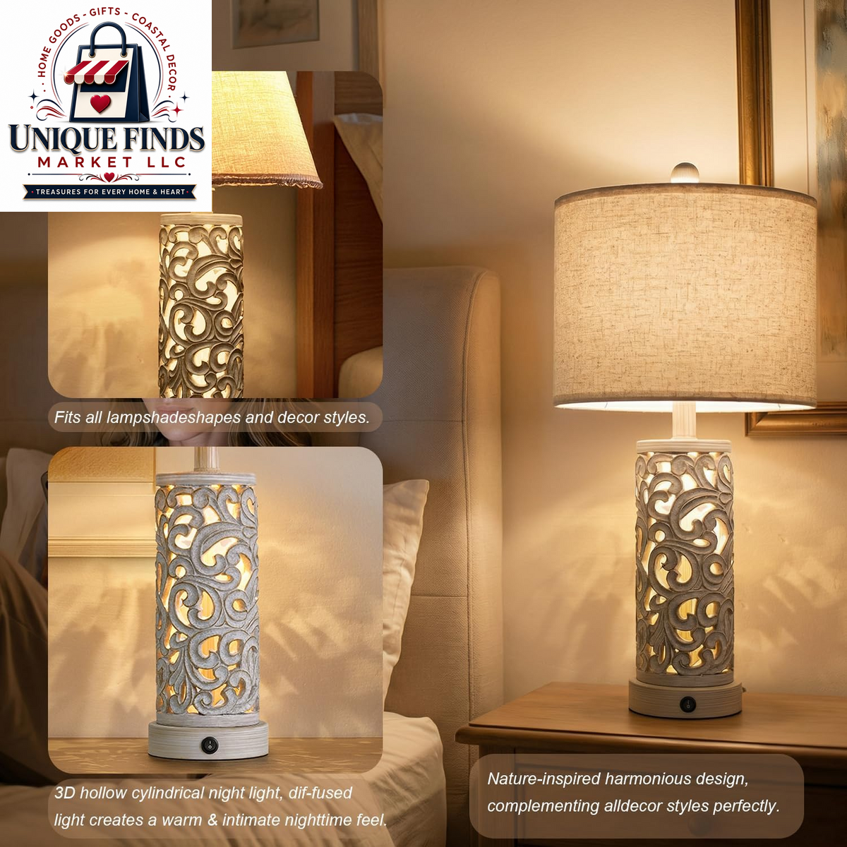 Set of 2 OYEARS 22-Inch Distressed Grey Bedside Table Lamps with Night Light