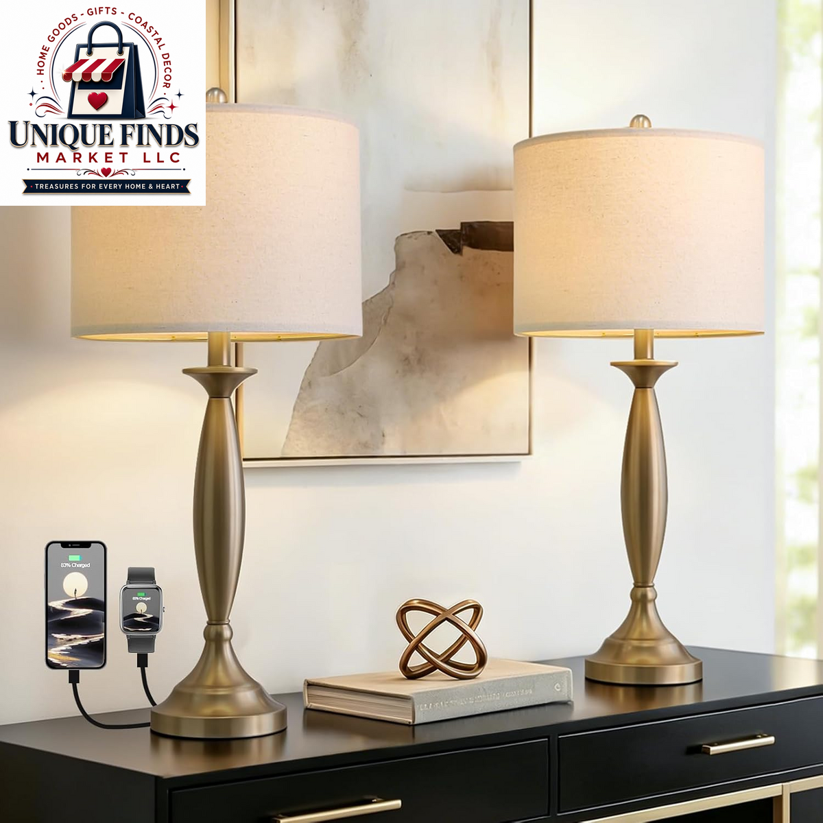 Oneach 28" Black Tall Table Lamp Set of 2 with USB Ports for Living Room