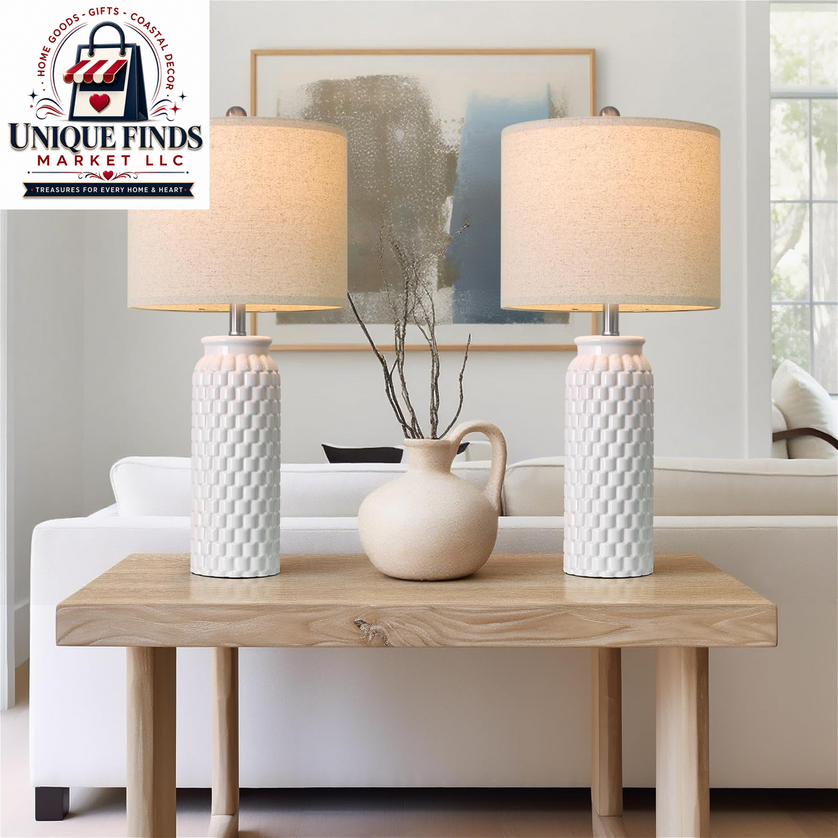 Usumkky 20.5-Inch Ceramic Table Lamp Set of 2 - Modern Farmhouse and Boho Design, Ideal for Bedroom Nightstands and Living Room End Tables, Compact Desk Lamps in Cream