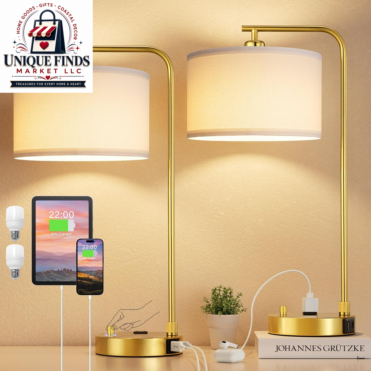 Set of 2 Fully Dimmable Wood Paint Bedside Lamps for Nightstands